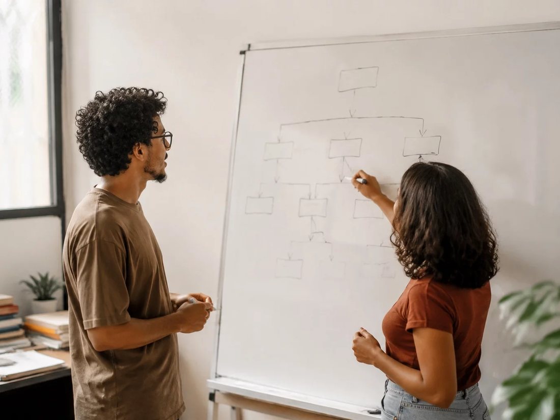 Mesa vista de cima com um diagrama de lógica traçado à mão