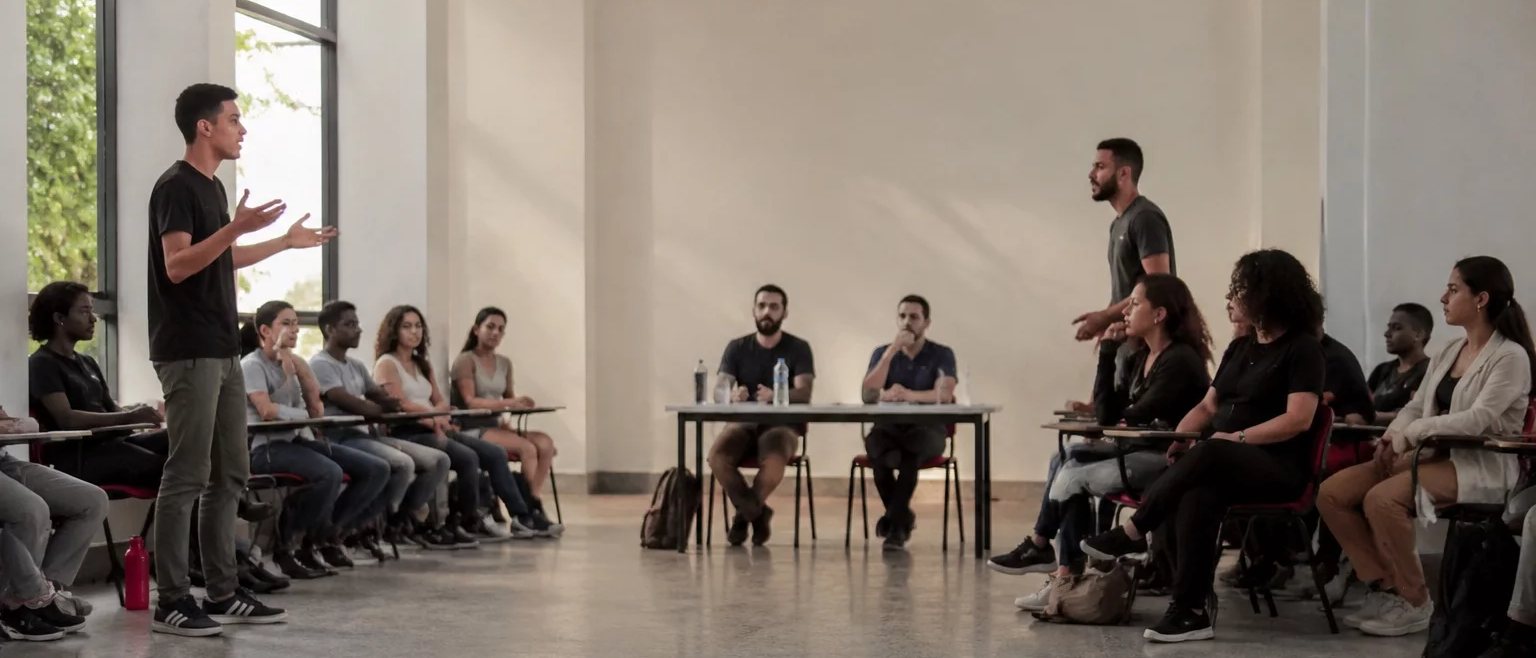 Participante com a mão levantada diante de uma mesa coberta de rascunhos